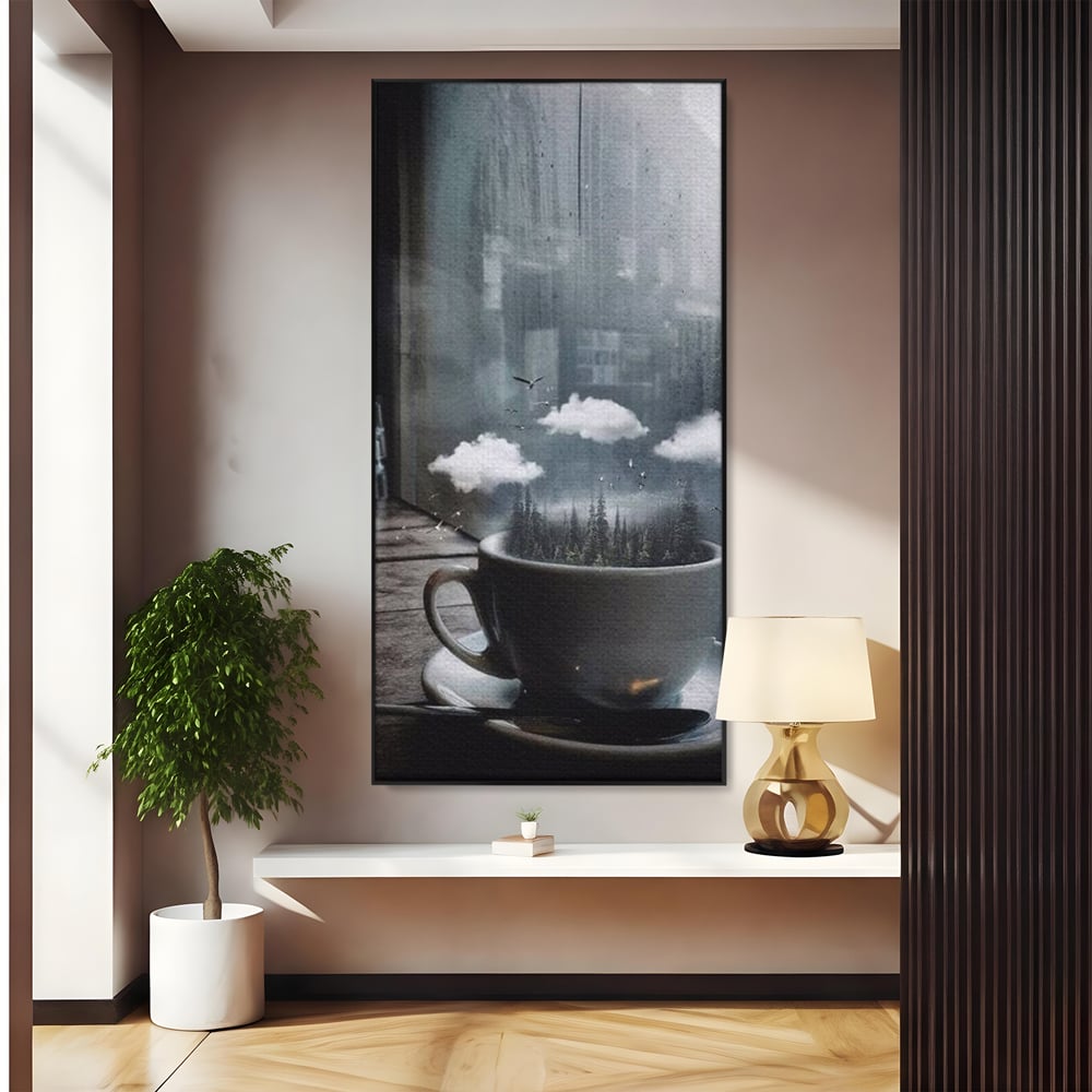 Tablou canvas cu ceasca de cafea cu padure si nori, in rama de aluminiu negru
